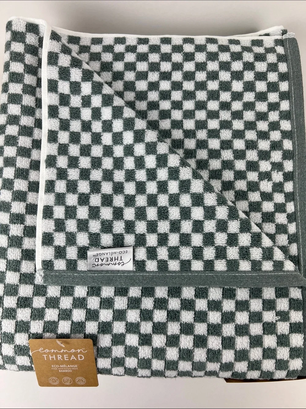 Common Thread Bamboo Eco-Mélange Bath Towels Checkerboard Green White 2 Pc NEW